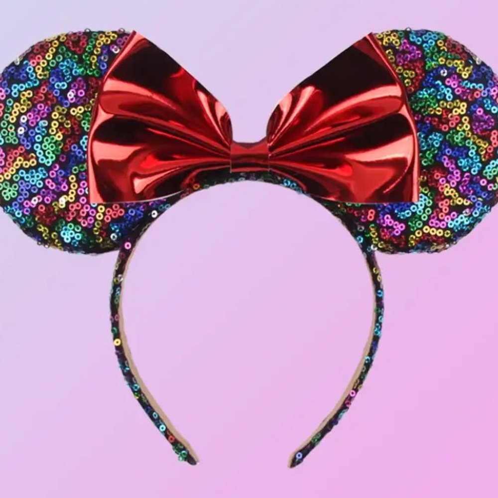 Disney Minnie Rainbow Sequin Ears with Red Bow!!!